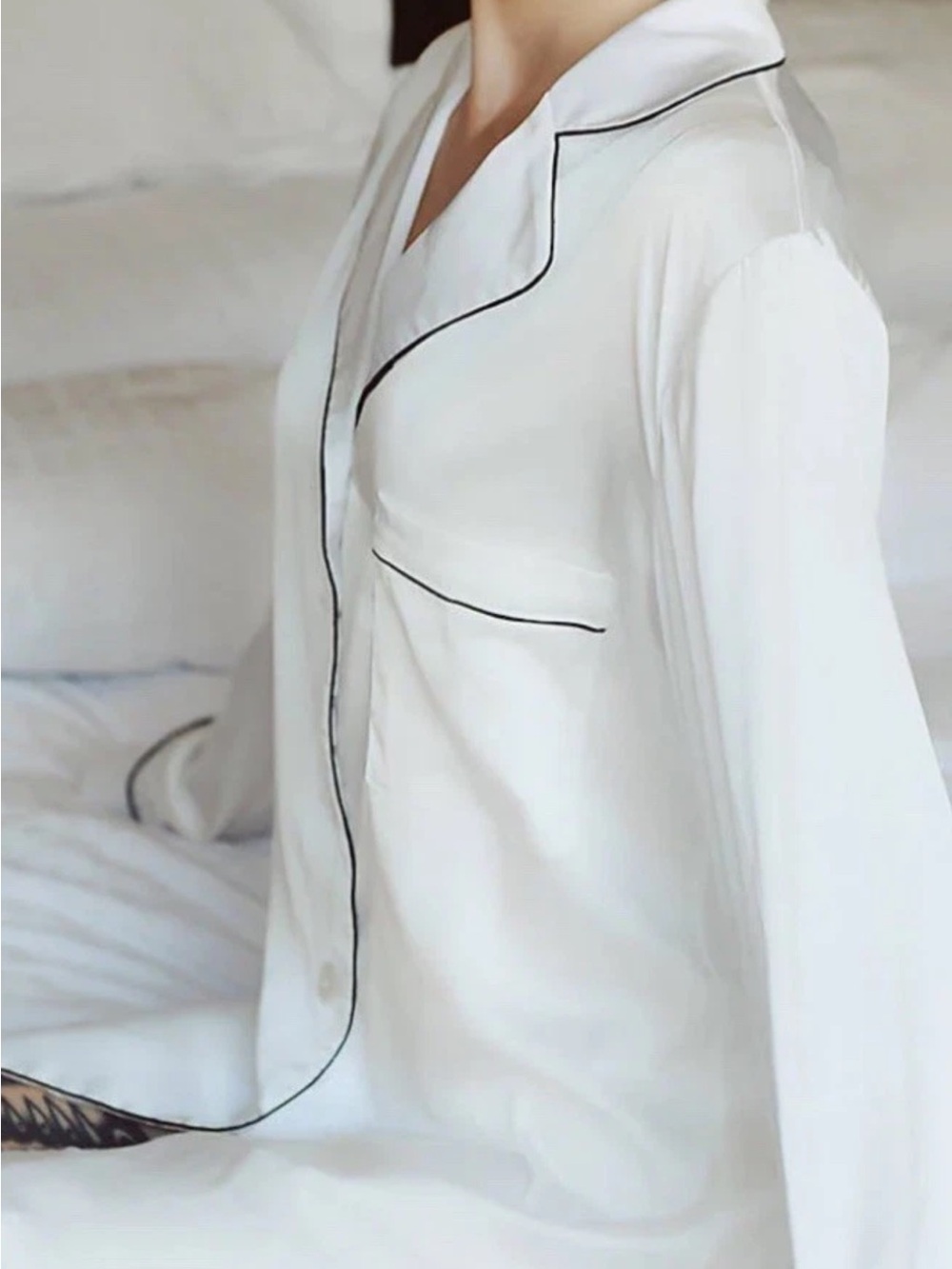 NAP Loungewear Women’s Medium White Black Piping Oversized Pajama Shirt Top